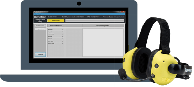 Notebook computer running Sonetics Configuration Utility software next to a Sonetics Wireless Headset.