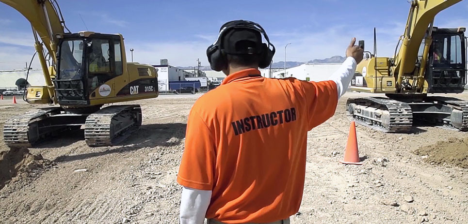 Construction worker wearing wireless headset