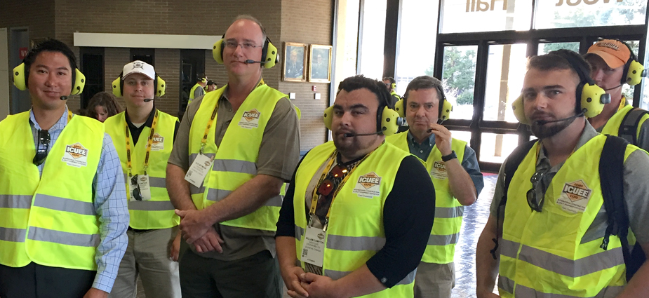 factory tour group ready to depart