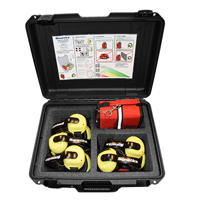 An five user system case containing five Headsets and one ComHub.