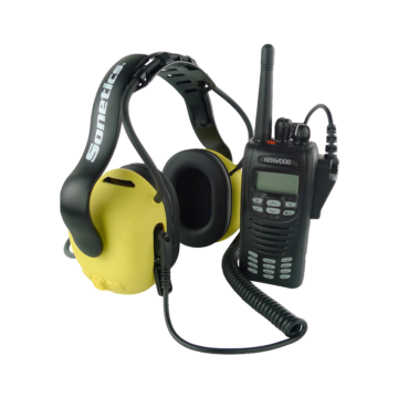 Apex Team Wireless Headset connected to two-way radio.