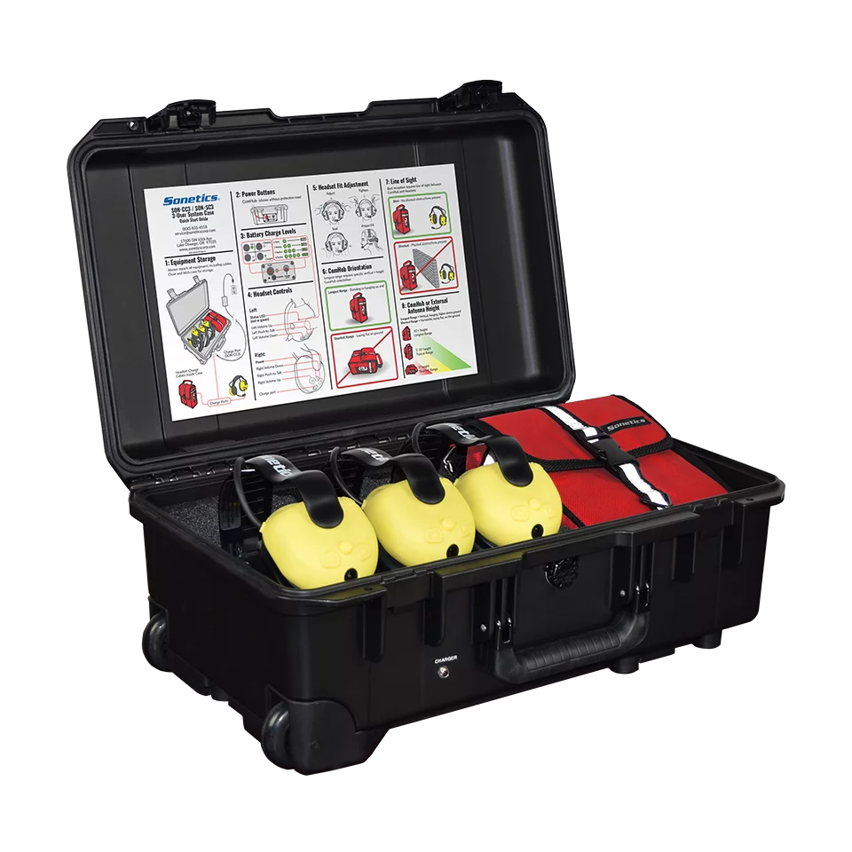 3-user System Case containing Apex Team Wireless Headsets and a ComHub.