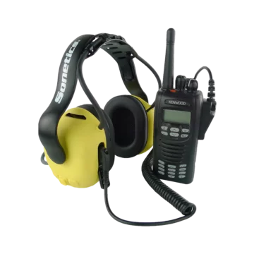 Apex Team Wireless Headset connected to two-way radio.